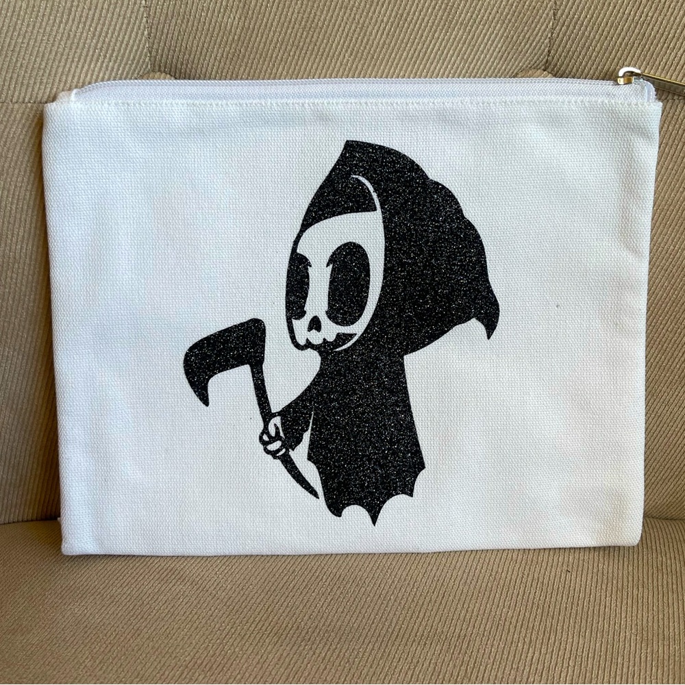 Cosmetic Bag Makeup GrimmReaper Canvas Clutch Travel Storage WhitePouch 8x10 New